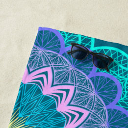 Colorful Mandala on Blue Background Beach Towel