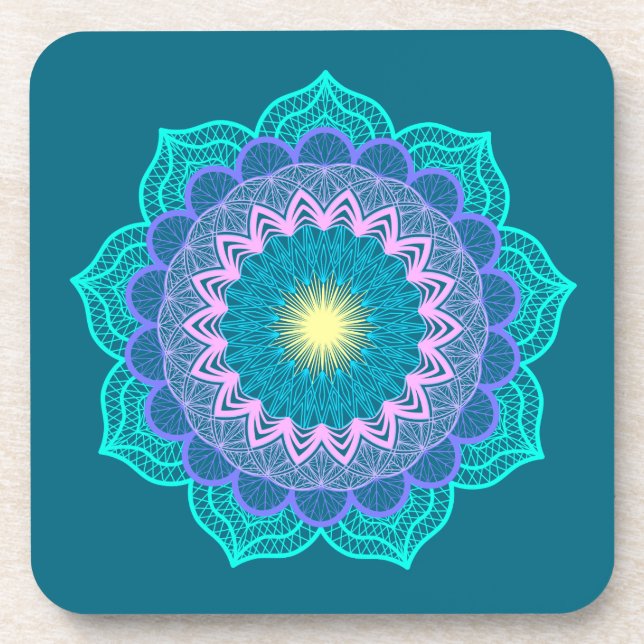 Colorful Mandala on Blue Background Beverage Coaster (Front)