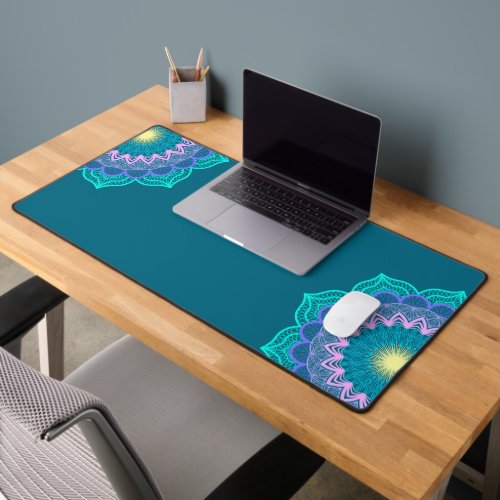 Colorful Mandala on Blue Background Desk Mat