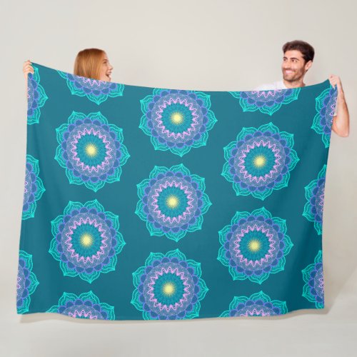Colorful Mandala on Blue Background Fleece Blanket