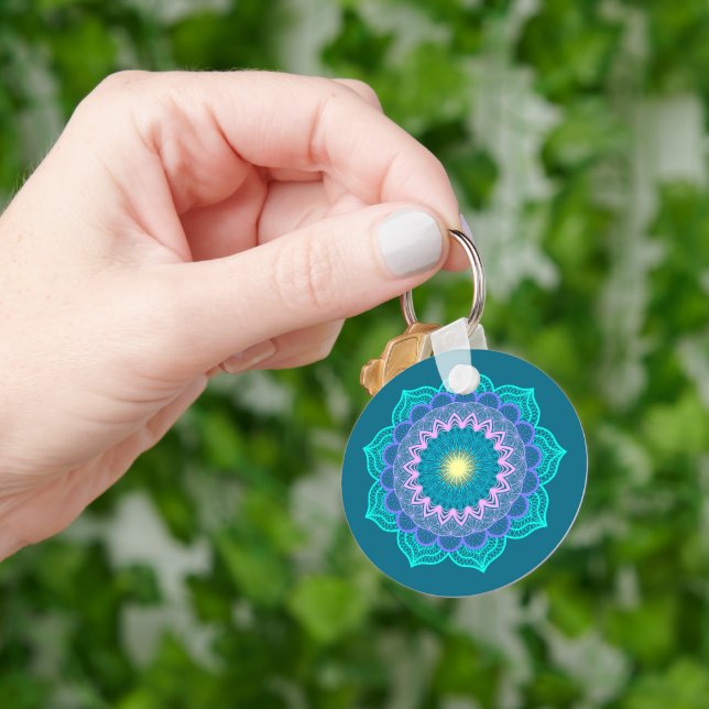 Colorful Mandala on Blue Background Keychain (Hand)
