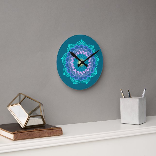Colorful Mandala on Blue Background Round Clock (Office)