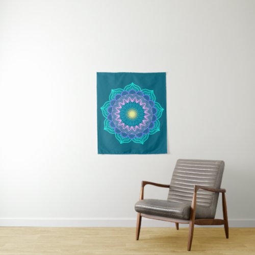 Colorful Mandala on Blue Background Small Tapestry