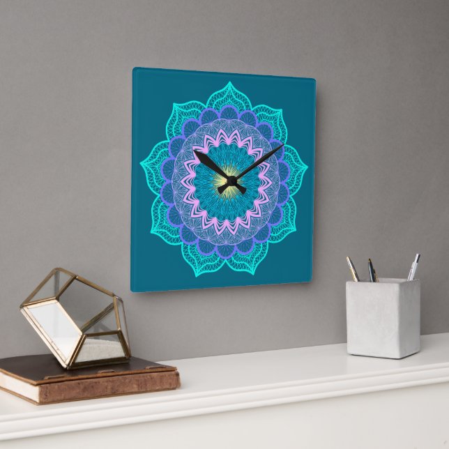Colorful Mandala on Blue Background Square Wall Clock (Office)