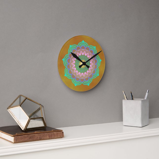 Colorful Mandala on Gold Background Round Clock (Office)
