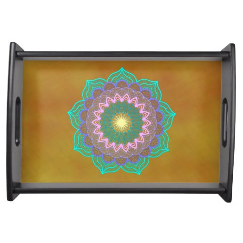 Colorful Mandala on Gold Background Serving Tray