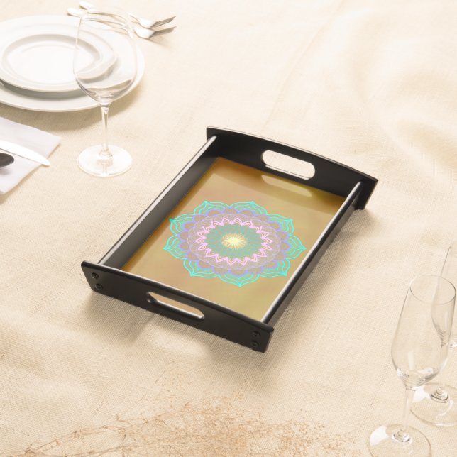 Colorful Mandala on Gold Background Serving Tray (Front)