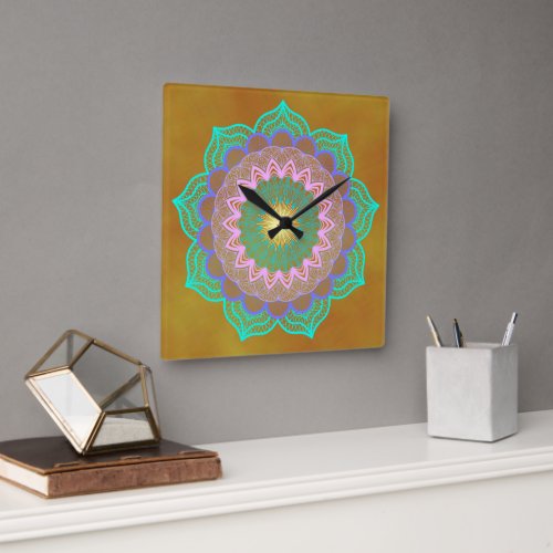 Colorful Mandala on Gold Background Square Wall Clock