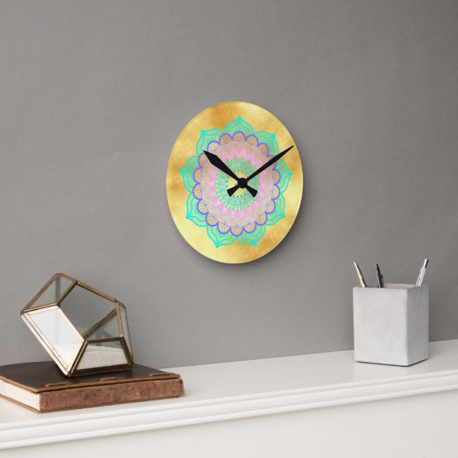 Colorful Mandala on Soft Gold Background Round Clock (Office)