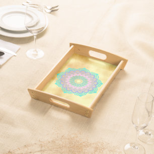 Colorful Mandala on Soft Gold Background Serving Tray