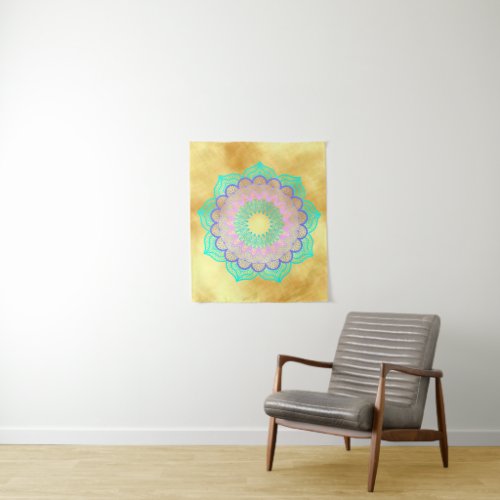 Colorful Mandala on Soft Gold Background Small Tapestry