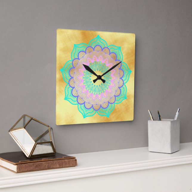 Colorful Mandala on Soft Gold Background Square Wall Clock (Office)