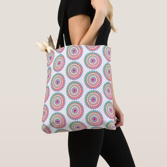 Colorful Mandala Pattern Modern Boho Tote Bag (Close Up)