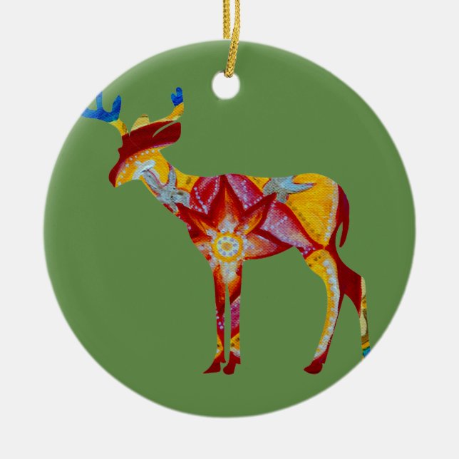 Colorful mandala reindeer  ceramic ornament (Front)