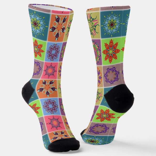 Colorful Mandala Tile Pattern – Boho Geometric Socks (Angled)