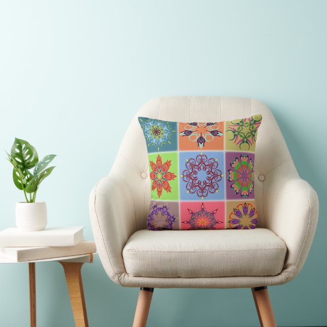 Colorful Mandala Tile Pattern – Boho Geometric Throw Pillow (Chair)