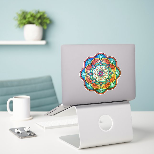 Colorful mandala vinyl sticker (Laptop On Desk)
