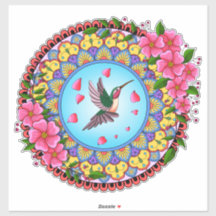 Colorful mandala with humming bird and pink flower