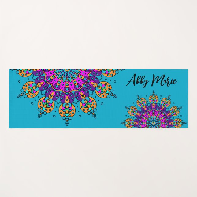 Colorful Mandalas Personalized Name Teal Prayer Or Yoga Mat (Front (Horizontal))