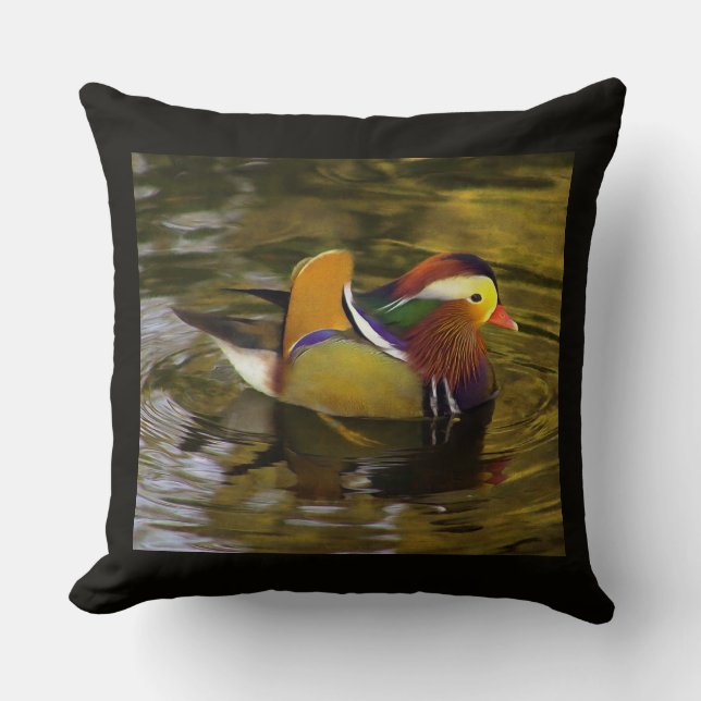 Colorful Mandarin Duck Black Square Throw Pillow (Front)