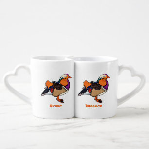 Colorful mandarin duck illustration coffee mug set