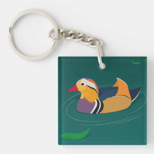 Colorful Mandarin Duck Modern Art on Green Keychain