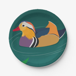 Colorful Mandarin Duck Modern Art on Green Paper Plates