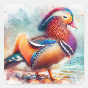 Colorful Mandarin Duck Watercolor Art Square Sticker