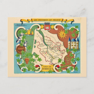 Colorful Map of Bordeaux France Postcard
