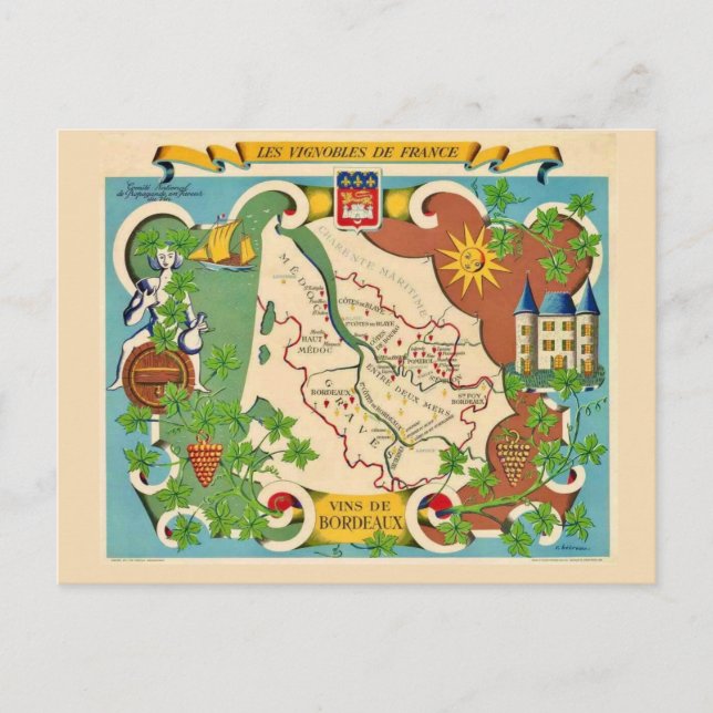 Colorful Map of Bordeaux France Postcard (Front)