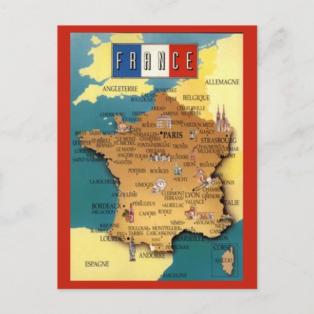 Colorful Map of France Postcard (Front)