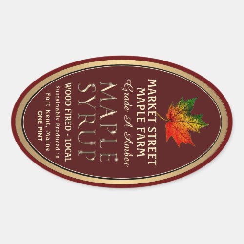 Colorful Maple Leaf Gold Metallic Maple Syrup Oval Oval Sticker