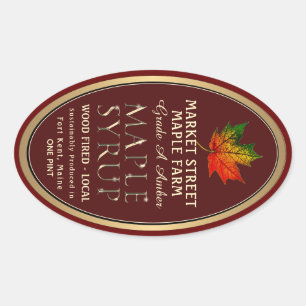 Colorful Maple Leaf Gold Metallic Maple Syrup Oval Sticker
