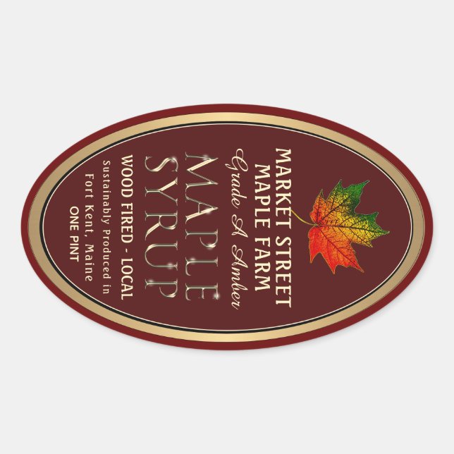 Colorful Maple Leaf Gold Metallic Maple Syrup Oval Sticker (Front)