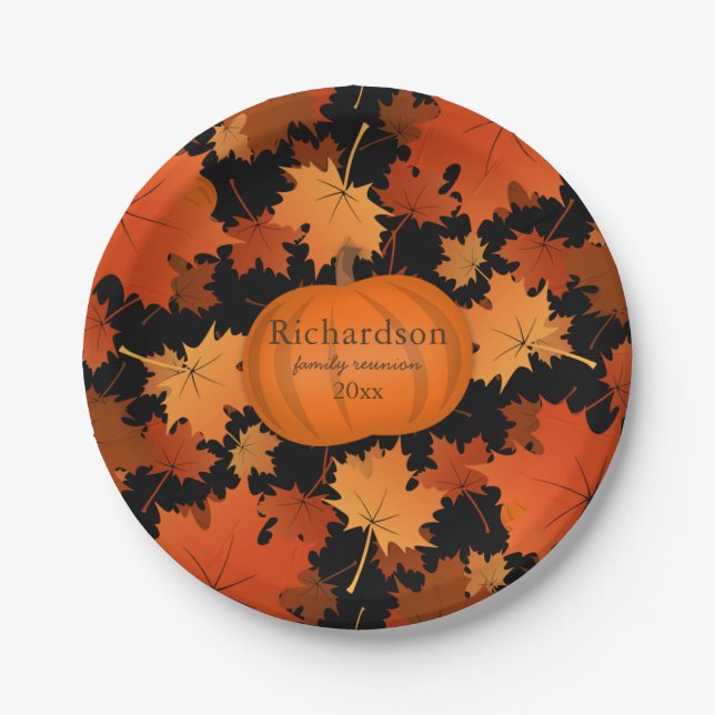 Colorful maple leaves pumpkin fall family reunion paper plates (Front)