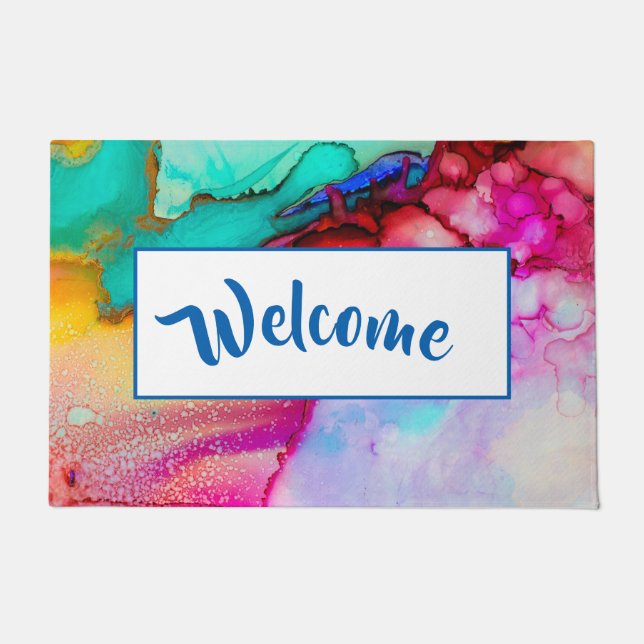 Colorful Marble Abstract Watercolor Welcome Doormat (Front)