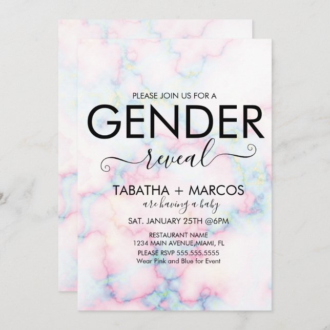 Colorful Marble Pattern Script Gender Reveal Invitation (Front/Back)
