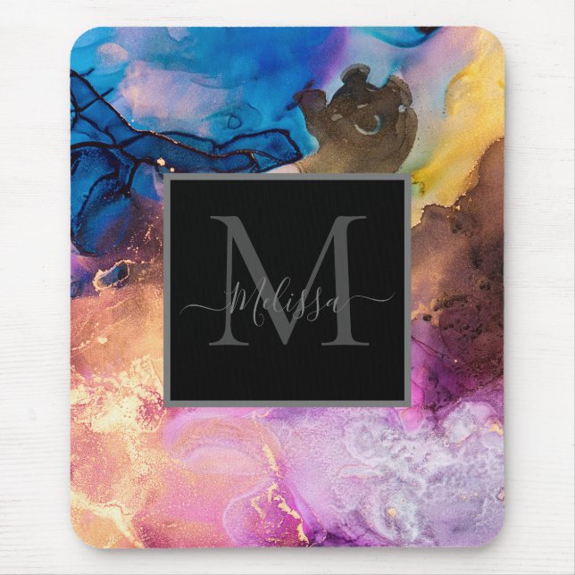 Colorful Marbled Monogram Name  Mouse Pad (Front)