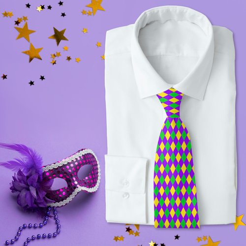 Colorful Mardi Gras Colors  Harlequin Pattern Neck Tie