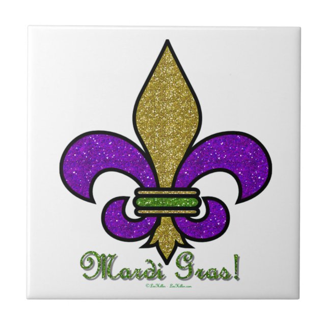 Colorful Mardi Gras Fleur De Lis Ceramic Tile (Front)