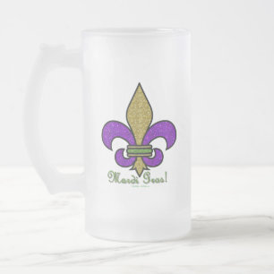 Colorful Mardi Gras Fleur De Lis Frosted Glass Beer Mug