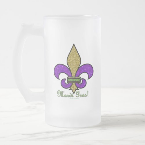 Colorful Mardi Gras Fleur De Lis Frosted Glass Beer Mug