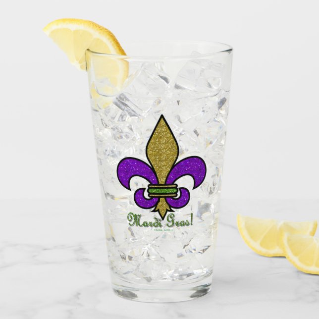 Colorful Mardi Gras Fleur De Lis Glass Cup (Front Ice)