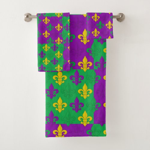 Colorful Mardi Gras French Fleur_de_lis Pattern Bath Towel Set