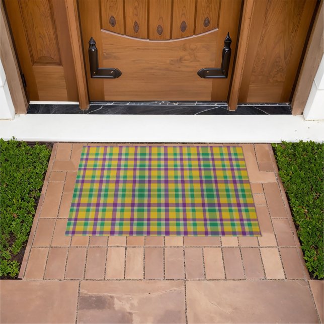 Colorful Mardi Gras gingham patterned Doormat (Outdoor)