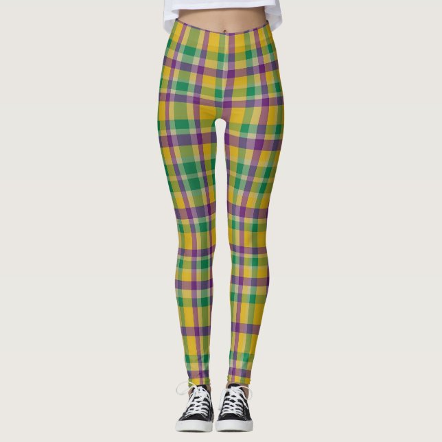 Colorful Mardi Gras gingham patterned Leggings (Front)