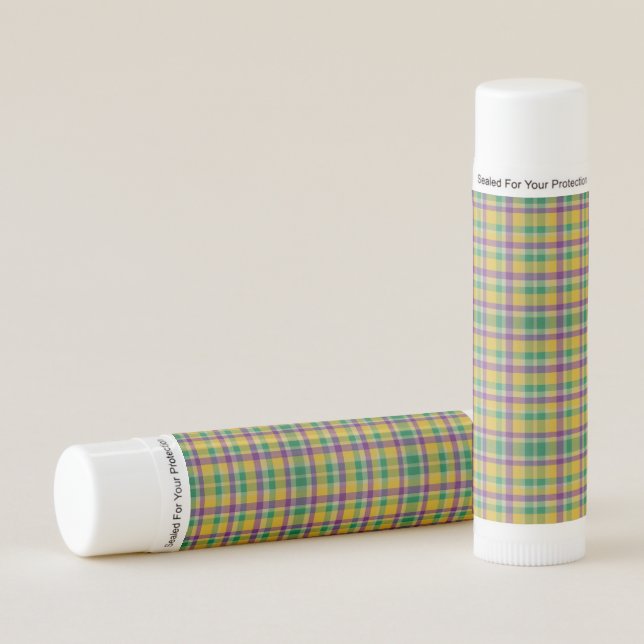 Colorful Mardi Gras gingham patterned Lip Balm (Front)