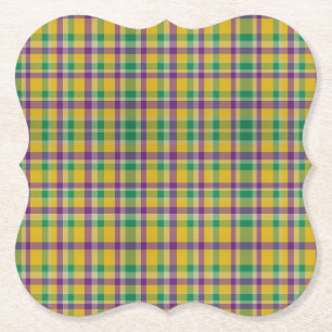 Colorful Mardi Gras gingham patterned Paper Coaster