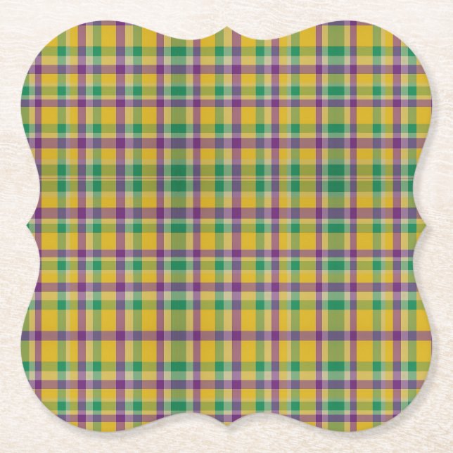 Colorful Mardi Gras gingham patterned Paper Coaster (Front)