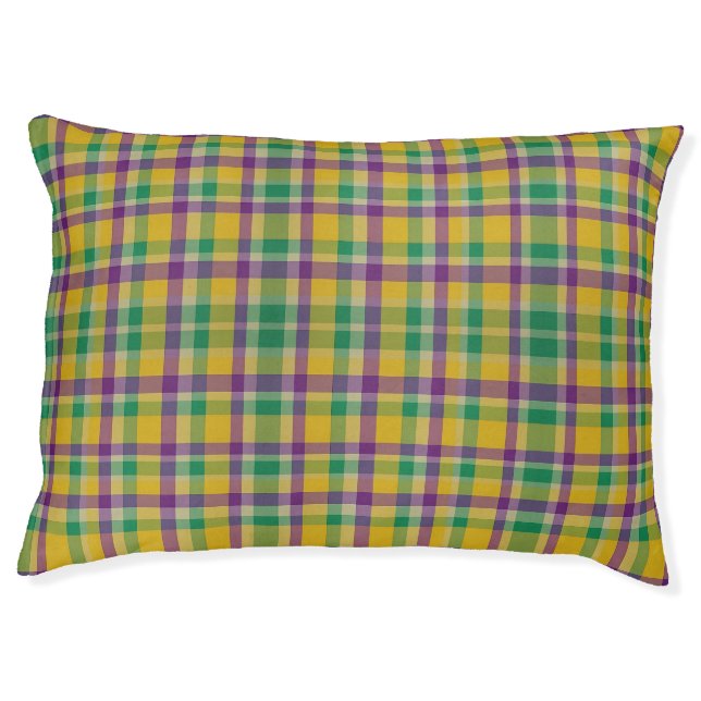 Colorful Mardi Gras gingham patterned Pet Bed (Front)